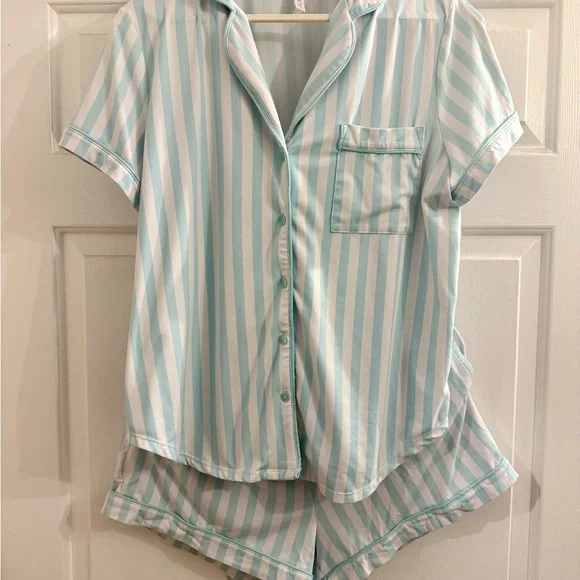 Joyspun Dreamy Soft Aqua Cloud stripe Short Sleeve Pajama Set - Picture 1 of 1